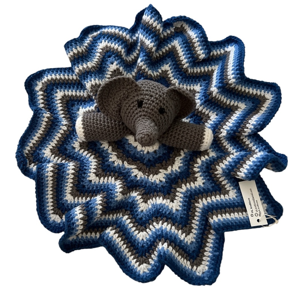Crochet  Gray Elephant on Gray, Blue White lovey